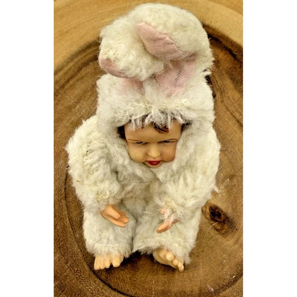 2 Vintage Miniature Porcelain Doll  in Fuzzy Fabric Bunny Costume 4